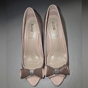 Elche Women's Blush Pink And Milky Brown Bow Peep-Toe Heels EUR 37 Or US 7